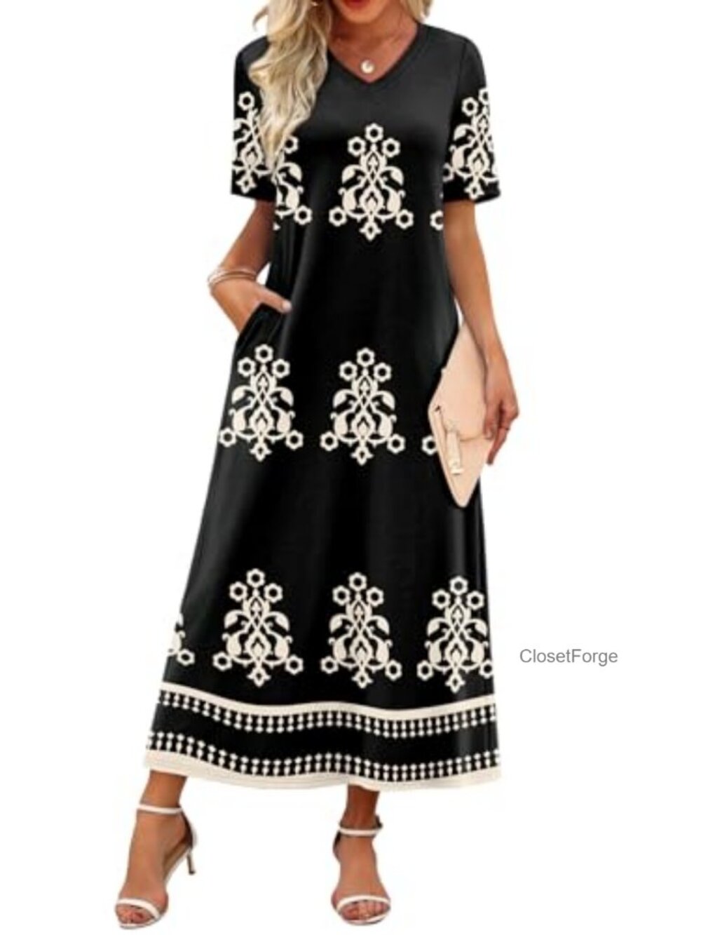 WIHOLL Women's Maxi Dress V-Neck Short Sleeve Flowy Beach Sundress